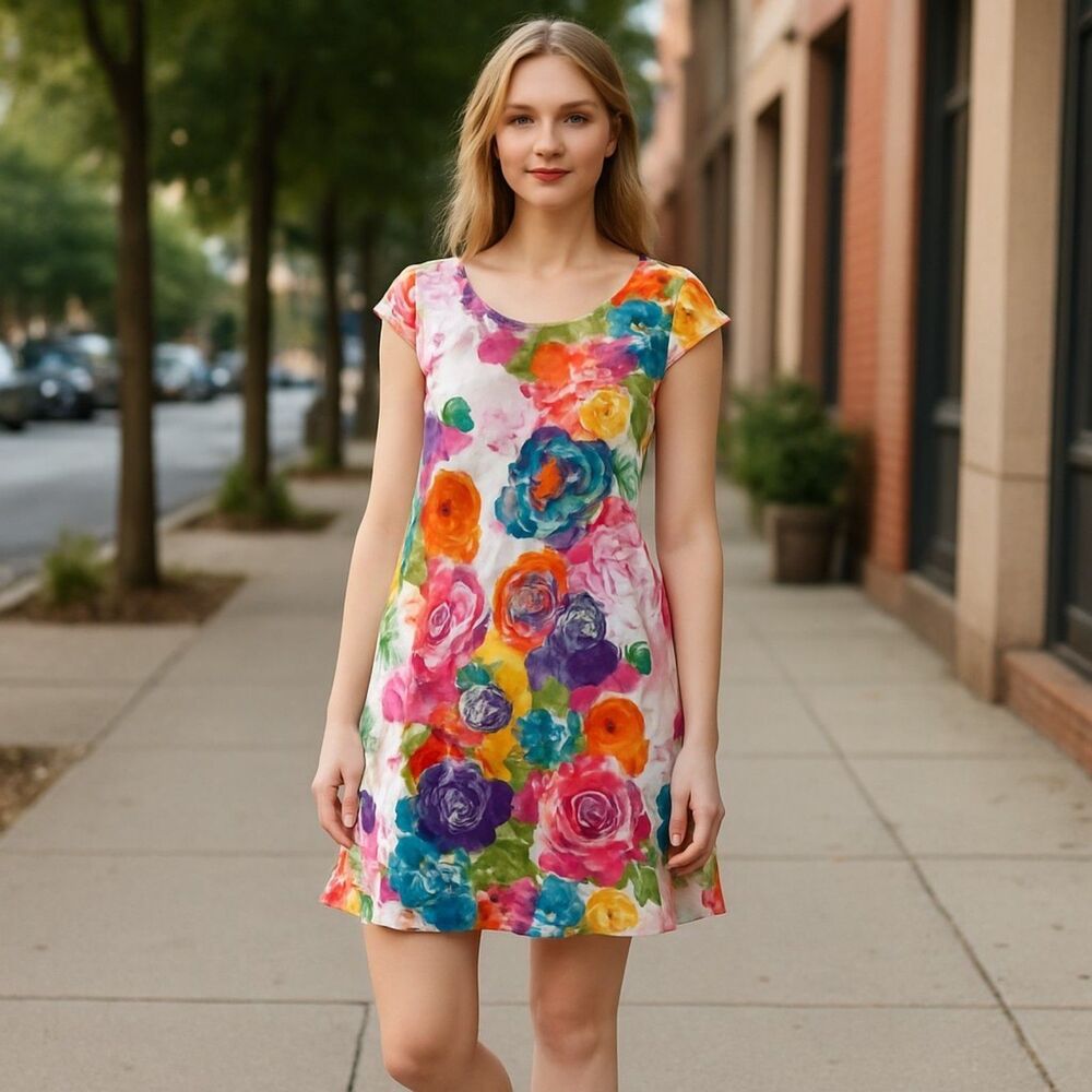 VTG Jams World Size Small "Lille" Floral Hawaiian Print Mini Dress Cap Sleeve